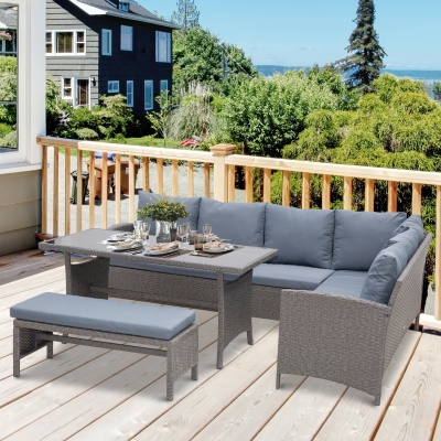 Conjunto De Sofá Mesa E Banco De Vime Para Jardim Cinza