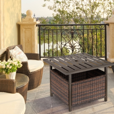 2 Em 1 Base Para Guarda-Sol Com Mesa Lateral De Vime Em Aço Para Terraço Jardim Pátio 55 5X55 5X46 Cm Marrom