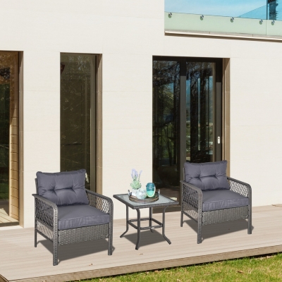Conjunto De Móveis De Rattan De Jardim 3 Peças 2 Poltronas 65X66X75 Cm E 1 Mesa De Vidro Temperado 50X50X50 Cm Cin