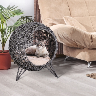 Caverna De Vime Com Almofada Para Gatos Base Elevada Com 3 Pernas Φ52X58 Cm Cinza Prateado