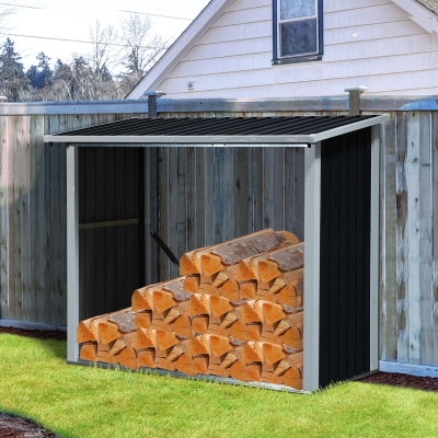 Galpão De Lenha De Aço Galvanizado Armazenamento De Jardim Com Telhado Inclinado 182X89X136 / 148 Cm Cinza Escuro