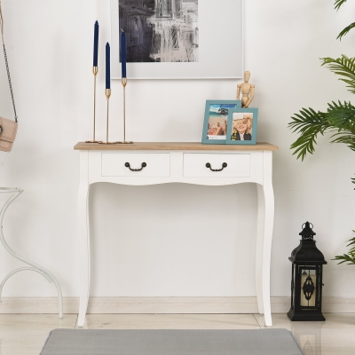 Mesa De Console Auxiliar Com Design Retrô Com 2 Gavetas Pinho 87X34X78 5 Cm Branco