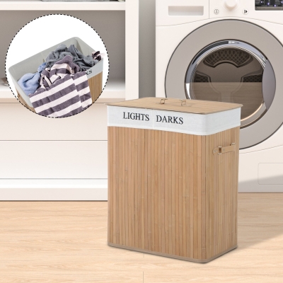 Cesto De Roupa Suja De Bambu Com 2 Compartimentos Removíveis Capacidade 100L