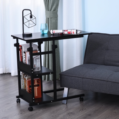 Mesa Lateral Em Forma De C Com 4 Rodas De Altura Ajustável Em 3 Níveis Metal Preto