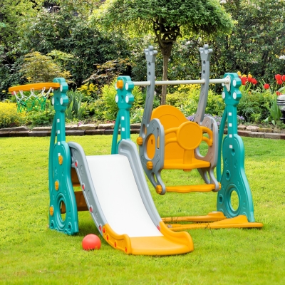 Escorega Infantil Com Baloiço E Cesta De Basquetebol 3 Em 1 Para 18-36 Meses Com Assento Ajustável Parque Infantil P