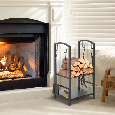 Suporte Para Lenha De 2 Níveis Porta Lenha Exterior E Interior Metálico Com 4 Ferramentas Para Lareira Carga Máx.