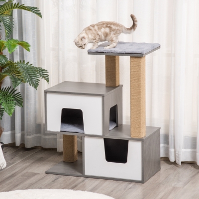 Árvore Para Gatos De Madeira Altura 93Cm Com 2 Cavernas Removíveis Plataformas Postes Arranhadores E Juta Natural E