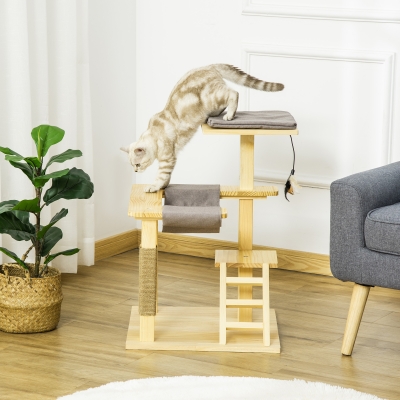 Árvore Arranhador Para Gatos De Madeira Altura 65Cm Com Plataformas Coberto De Juta Rede Escada Almofada Removível D