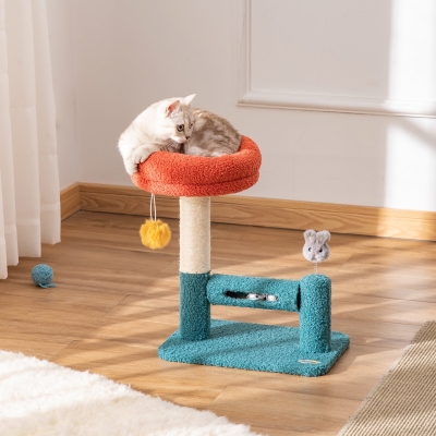 Árvore Para Gatos Pequenos Com Cama Removível Rolo Com Sinos Poste Arranhador De Sisal Bola Suspensa E Brinquedo 37X