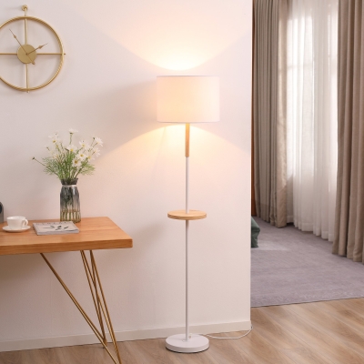 Candeeiro De Pé Com Prateleira De Madeira Ecrã De Tecido Suporte Para Lâmpada E27 Máx. 40W Com Interruptor De Pé