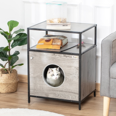 Casa Para Gatos De Madeira Com Aparência De Mesa Auxiliar Com 2 Prateleiras De Armazenamento Caverna Para Gatos Com A