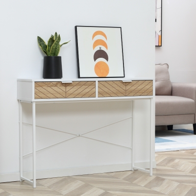 Mesa Consola 100X30X75Cm Mesa De Entrada Moderno Com 2 Gavetas De Armazenamento E Estrutura De Metal Para Corredor Sal