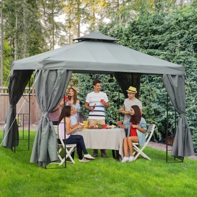 Pérgola De Jardim 3X3 Pérgola Com 4 Cortinas Laterais Removíveis Com Zíper 8 Orifícios De Drenagem E Duplo Teto
