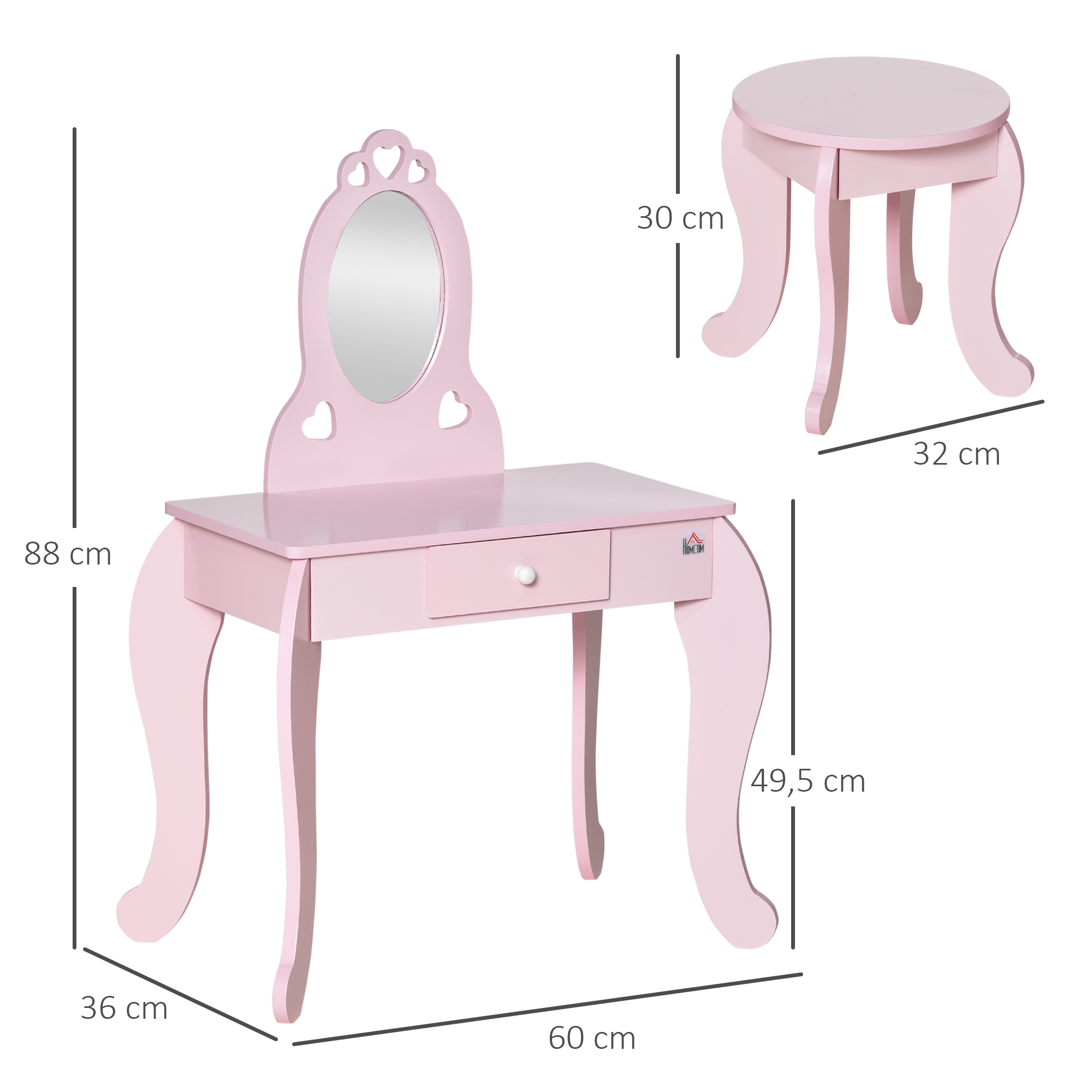 Conjunto de Toucador e banco para crianças Mesa de Maquilhagem Princesa  para Meninas com Espelho Rotativo 360° Removível 3 Gavetas Rosa e Branco