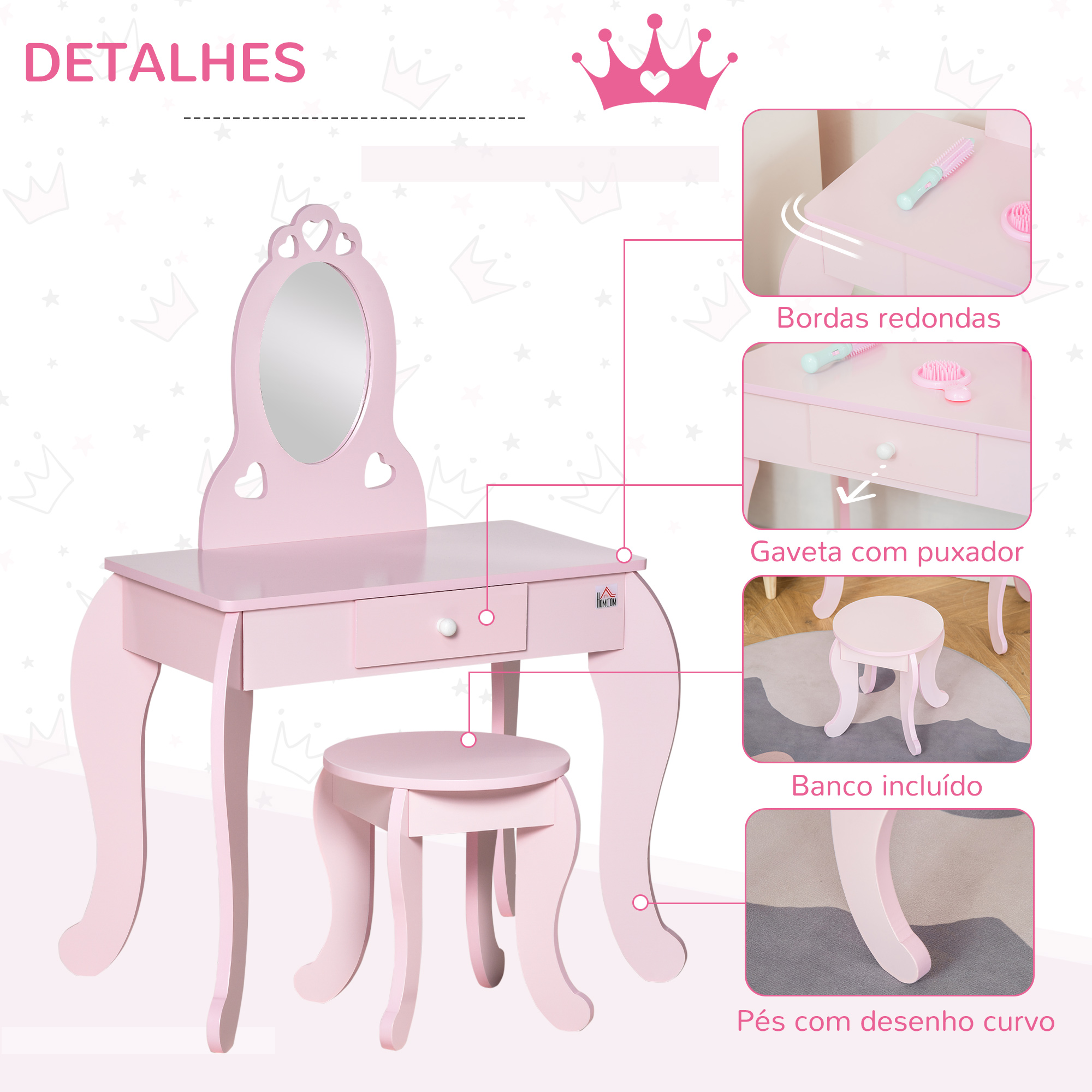 Conjunto de Toucador e banco para crianças Mesa de Maquilhagem Princesa  para Meninas com Espelho Rotativo 360° Removível 3 Gavetas Rosa e Branco