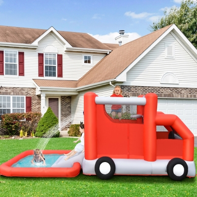Castelo insuflável infantil com toboágua tema caminhão de bombeiros piscina insuflável basquete