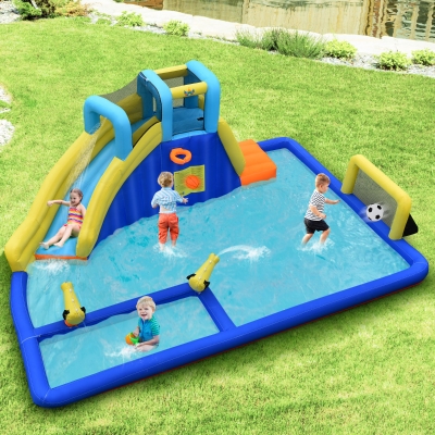 Insuflável 6 em 1 Castelo para crianças com 2 piscinas Parede de escalada para área externa 526 x 373 x 203 cm